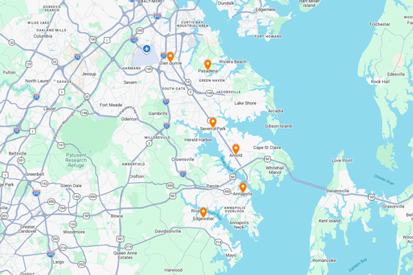 Map showing locations around the Chesapeake Bay area, with marked points of interest and nearby roads.