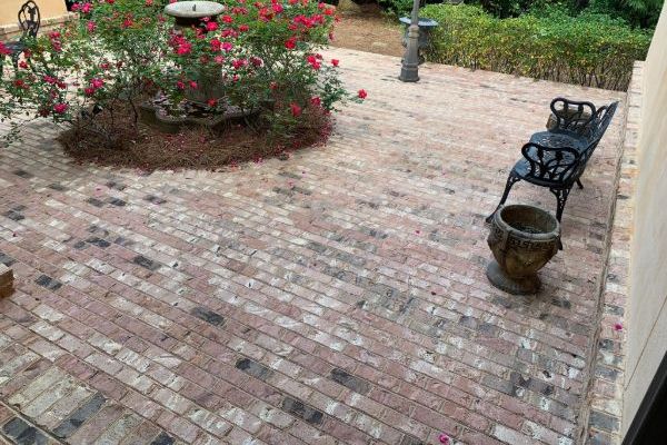 After: A brick patio with a black metal bench, a decorative planter, a birdbath surrounded by blooming red flowers, and green bushes in the background.