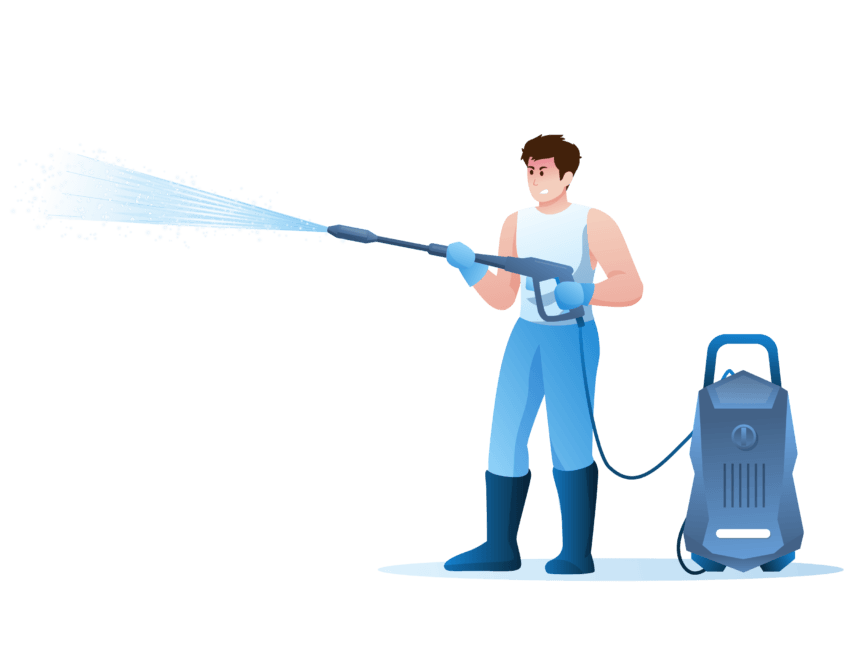 Illustration of a man wearing gloves and boots using a high-pressure washer, with water spraying from the nozzle. The washer machine is next to him, connected by a hose.