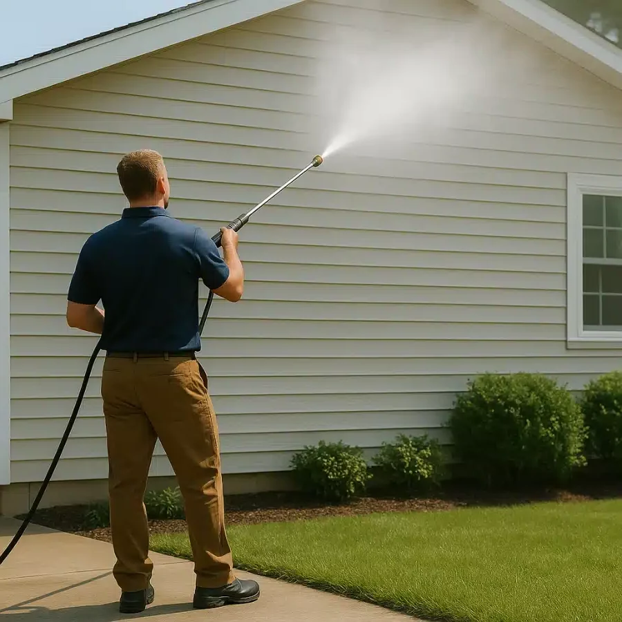 A man stands on a sidewalk using a pressure washer for house washing, cleaning the beige siding of a house on a sunny day, with green grass and bushes nearby.