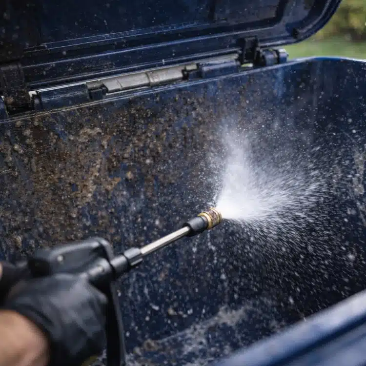 A person sprays water from a pressure washer into a dirty blue trash can, cleaning the inside.