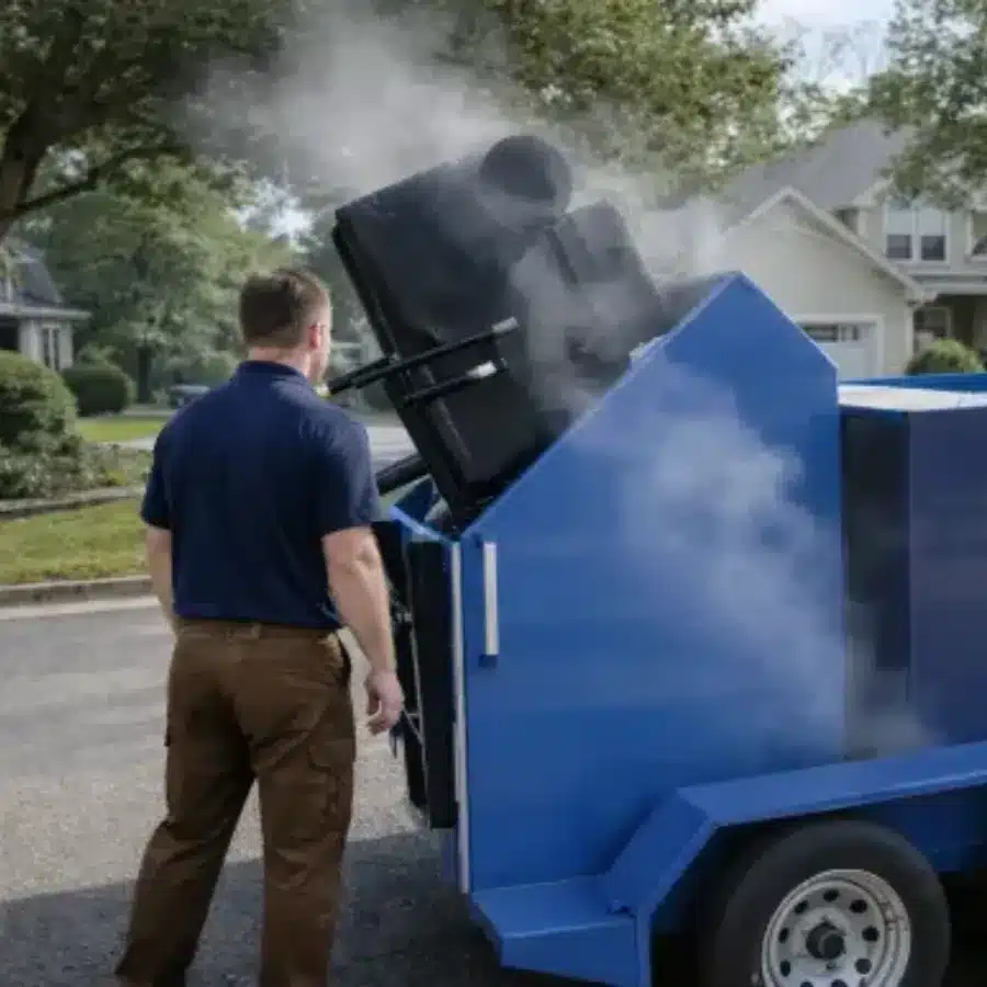 A worker operates a blue machine with smoke rising from it, as a black trash container tilts into the machine.