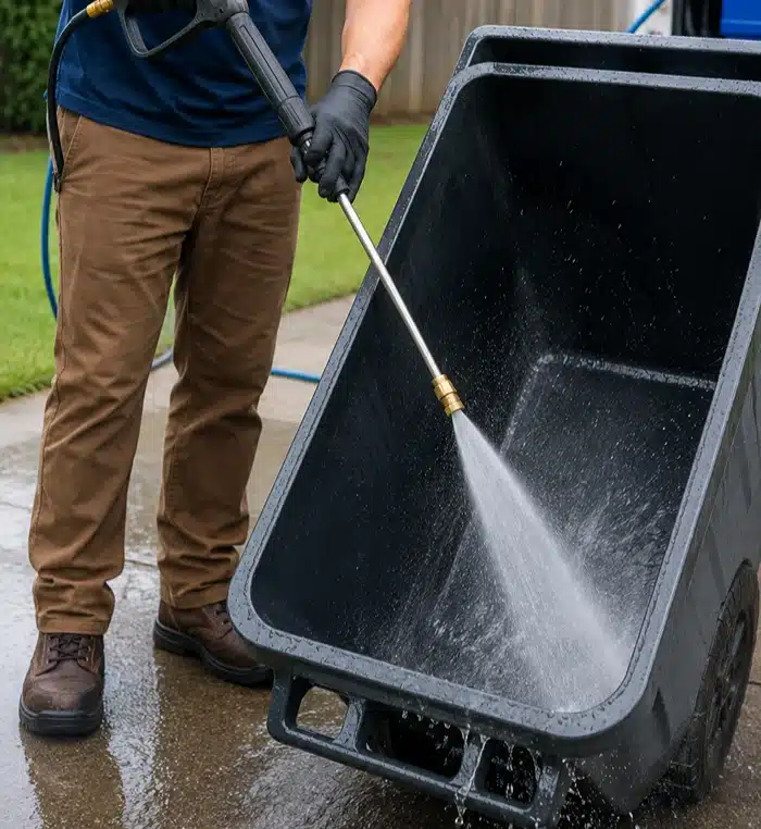 Person using a pressure washer to clean a black trash bin outdoors, with water spraying inside the bin.
